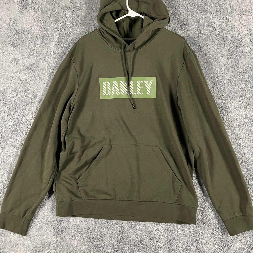 Oakley Hoodie Mens Size 2XL Green Graphic Logo Custom Fit Fleece Lined Pullover